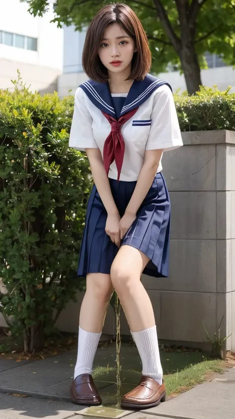 (masterpiece, best quality:1.2), (realistic,photo-realistic:1.4), RAW photo, highres, extremely detailed, intricate details, cinematic lighting, (front view, view from below:1.3), a 16yo japanese female standing, wearing sailor uniform, (full body, socks, ...