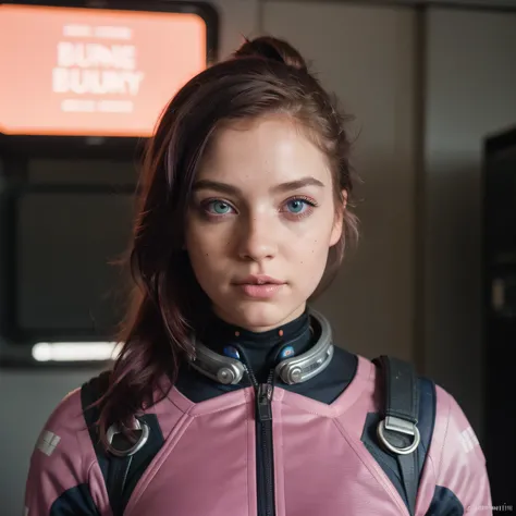 photo of a college student, Purple-Pink Gradient, futuristic space suit, (freckles:0.8) cute face, sci-fi, dystopian, detailed eyes, Heterochromia eyes（（Side view））Back Room，Breething burgundy hair，Jump，be born