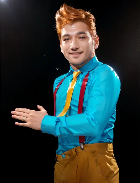 A man with orange hair and makeup, wearing a blue shirt, yellow tie, and brown pants with suspenders. He has his hands out as if to hold or support something. glossy texture, smooth 3d model, multiple light sources, rim light, sharp post effects render, (g...