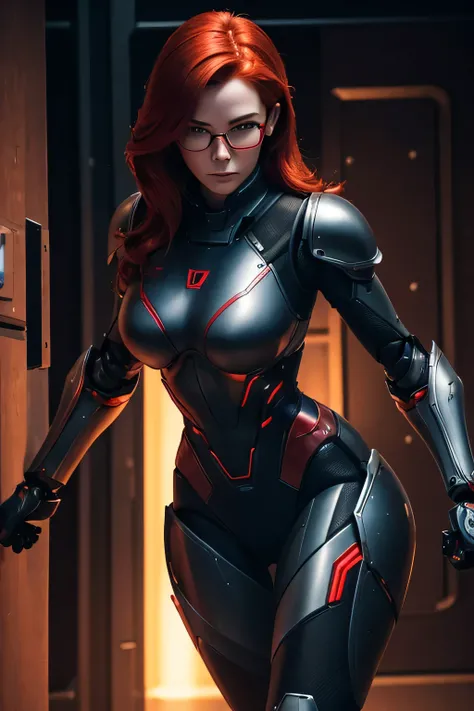 A female spy robot sneaks into a vault at night....redhead, wears glasses, large breasts, 　Mechanical arms　mechanical legs　Mechanical body , segmented armour, black and red neon armour, action shot, dynamic pose, mastetpiece, accurate, Anatomically correct...