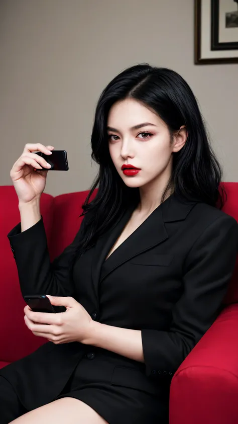 1 man, Sitting on the sofa, Hold your phone, Black Hair, black eyes, Red lips, Black suit, doubt, Tangle, masterpiece, best quality