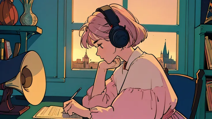 (praise), (side shot), (wide shot),((looking down)),sleepy, wearing headphones,a girl studying at a desk in a room, magical rese...