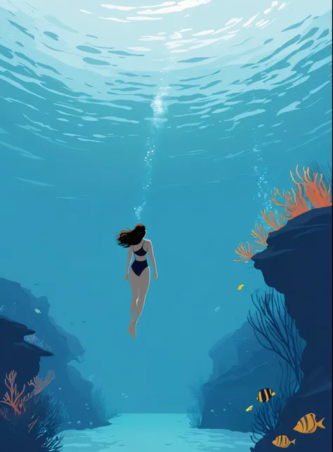 Minimalist Journey, diving, Solitary, 1 girl swimming gracefully, Minimalism, Under the Sea, illustration.