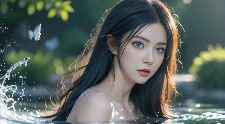 Black Hair, Hair shaking, victory, Long eyelashes, Solid round eye, A faint smile, ears red, direction, Surrealism, shadow, Relief, Stereogram, Standing picture, View, Atmospheric perspective, 8k, Super Detail, precise, best quality,(Girl in the garden),(C...
