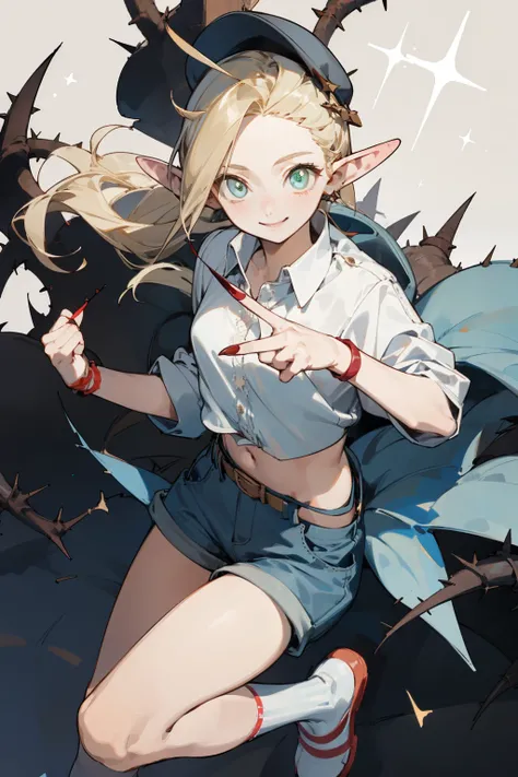 A bikini、Blonde girl wearing hat and silver accessories ,elegant, Pointed ears ，White shirt and shorts，Waist-length hair，Smile，Star decoration，White lace socks，thorns，Rose