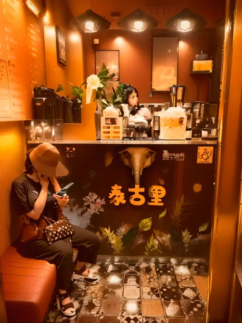 There is a woman sitting on a bench in a restaurant, Unmanned coffee shop,No ticket sales,The goddess is looking at her phone, Modern luxury apartment as storefront, elephant king, , Felt Animal Cafe, Drink bubble tea, 4 0 9 6, Adhering to Singaporean aest...