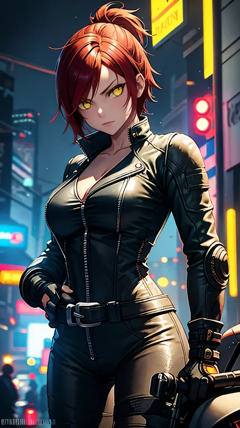 biker girl, motorcycle, leather one-piece garment, short hair, yellow glowing eyes, dark colors, cyberpunk, neon lights, red hai...