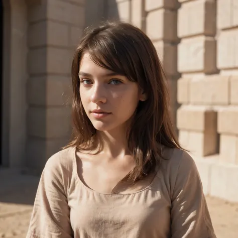 photo of a college student, in Desert Color Coarse Linen Pink,Desert Color Coarse Linen, (freckles:0.8) cute face, sci-fi, dystopian, detailed eyes, Heterochromia eyes((Side view))
