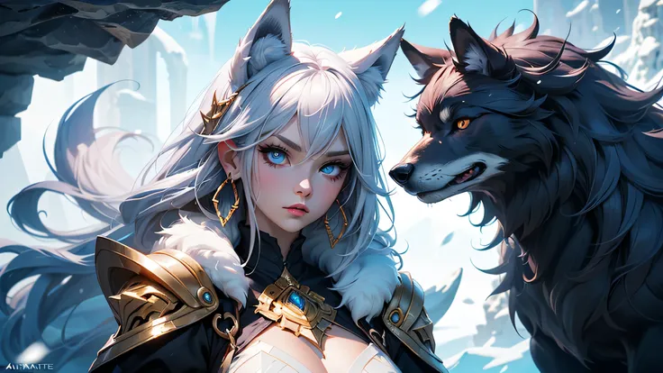 there is a snow cave near it on the stone throne sit a wolf girl, she have beatiful face ligh blue eyes red lips dark blue eye s...