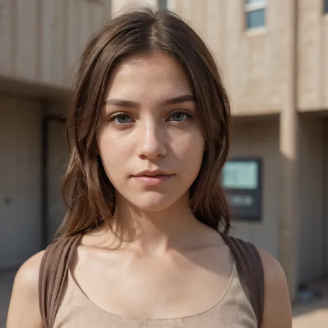 photo of a college student, in Desert Color Coarse Linen Pink,Desert Color Coarse Linen, (freckles:0.8) cute face, sci-fi, dystopian, detailed eyes, Heterochromia eyes((Side view))