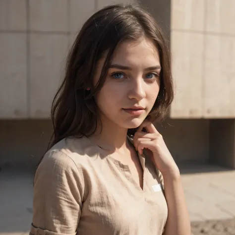 photo of a college student, in Desert Color Coarse Linen Pink,Desert Color Coarse Linen, (freckles:0.8) cute face, sci-fi, dystopian, detailed eyes, Heterochromia eyes((Side view))