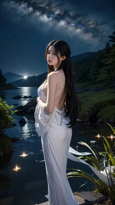(masterpiece:1.1)、(highest quality:1.1)、 Athena Asamiya in a lovely flowing dress(1girl)The lonely figure of、This is an exquisite piece。Long, lustrous black hair cascading down her back、wood々It captures the moonlight filtering through the gaps in the。Beaut...