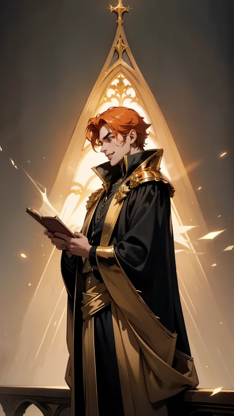 A man with exaggerated orange-red spike-like hair, thick eyebrows, droopy eyelids, fair skin, a cheerful smile, a dramatic fantasy-style black robe coat with a thick gold collar, exaggerated golden pointed shoulder pads, intricate gold patterns, a magnific...