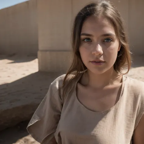 photo of a college student, in Desert Color Coarse Linen Pink,Desert Color Coarse Linen, (freckles:0.8) cute face, sci-fi, dystopian, detailed eyes, Heterochromia eyes（（Side view））（Lunar soil）