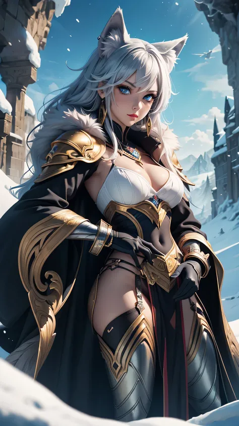 There is a snow cave near it on the stone throne sit a wolf girl, she have beatiful face ligh blue eyes red lips dark blue eye shadows main hair colour is silver with some pink highlights, dressed in sexy golden heavy armor with fur parts,  saphire earring...