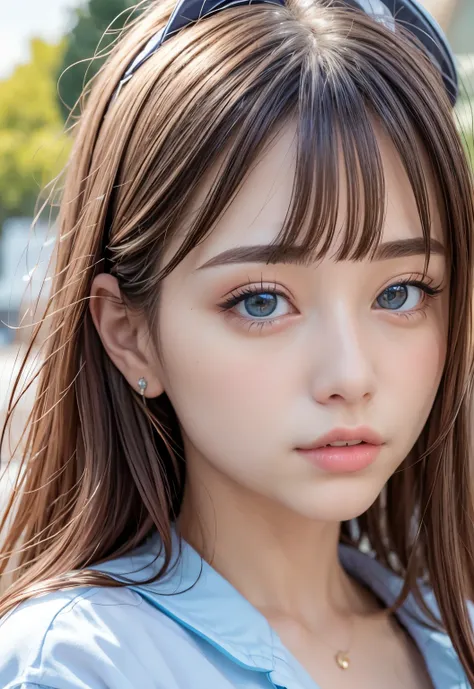 Sailor suit、、A beautiful girl in the world、Shiny skin、sparkle on the cheeks、Bangs between the eyes、光沢のあるシルクと非常に長くてまっすぐなbeautiful天然ブロンド、eyeliner、Sexy and beautiful 35 years old、High resolution, big, beautiful, bright light blue eyes、Beautiful and bright gir...