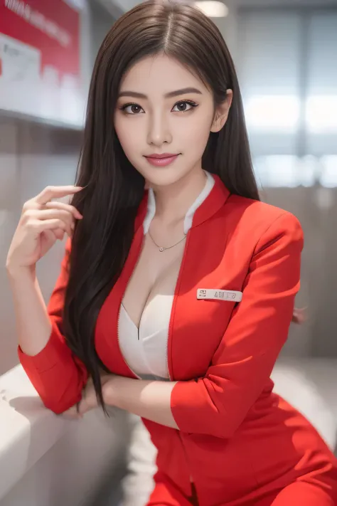 (masterpiece:1.2, highest quality:1.2), 32K HDR, High resolution, （Realistic style with AirAsia flight attendant uniforms）、（AirAsia uniform unzipped red jacket、AirAsia uniform long sleeve red jacket、AirAsia uniform red tight skirt、AirAsia uniform white shi...