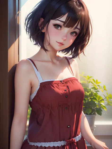 3d realistic girl with short hair and red top standing in front of a window, visual of a cute girl,  in dress, attractive anime girl, realist visual of a young woman, moe artstyle, smooth anime cg art, cute waifu in a nice dress, ilya kuvshinov. 4 k