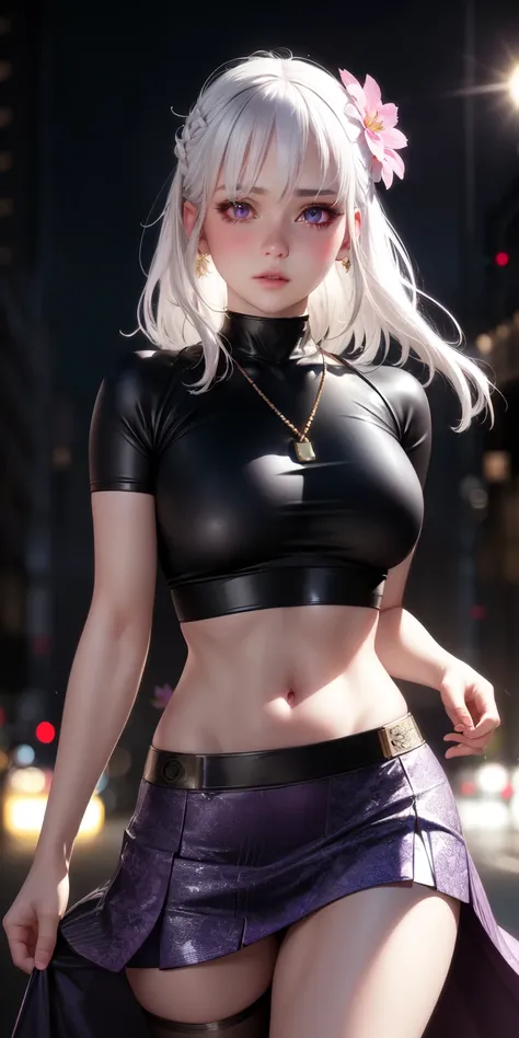 realistic, 1girl, white hair, purple eyes, glowing eyes, crop top, skirt, parted lips, blush, night, flowers, sun, sunlight,