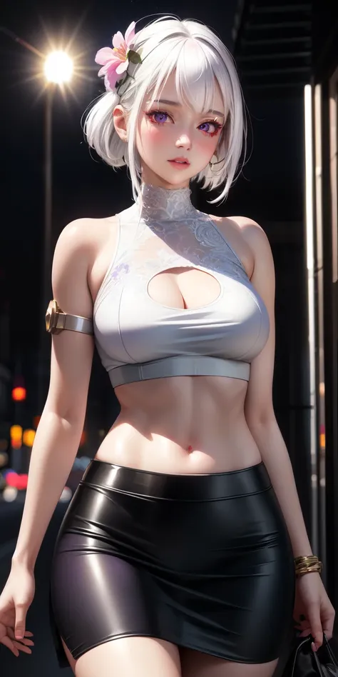 realistic, 1girl, white hair, purple eyes, glowing eyes, crop top, skirt, parted lips, blush, night, flowers, sun, sunlight,