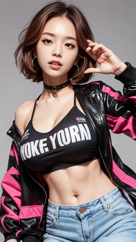 (best quality, 8K, masterpiece: 1.3) Korean streetwear, woman in her 20s, freckles, laugh, dark eyeliner, choker necklace，Fashion Magazine Background，bold pose, pink short hair, hippie style, (huge breasts: 1.4), excessive tattoos