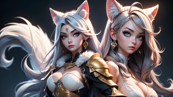 There is a snow cave near it on the stone throne sit a wolf girl, she have beatiful face ligh blue eyes red lips dark blue eye shadows main hair colour is silver with some pink highlights, dressed in sexy golden heavy armor with fur parts,  saphire earring...