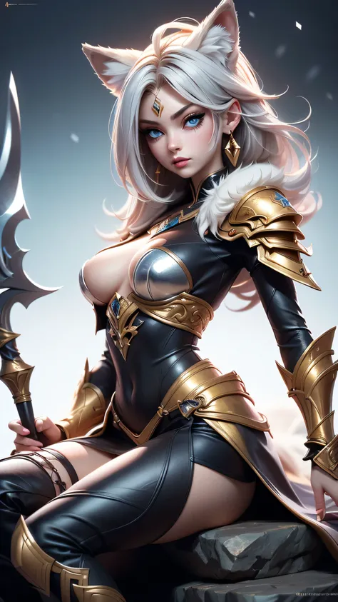 There is a snow cave near it on the stone throne sit a wolf girl, she have beatiful face ligh blue eyes red lips dark blue eye shadows main hair colour is silver with some pink highlights, dressed in sexy golden heavy armor with fur parts,  saphire earring...