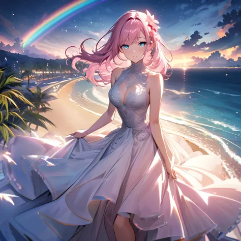 ``A beautiful woman with long pink hair and beautiful eyes wearing an elegant and detailed hawaiian dress.The dress must have intricate designs and patterns to give it a luxurious and luxurious feel.In the background , the image should depict a romantic Ha...