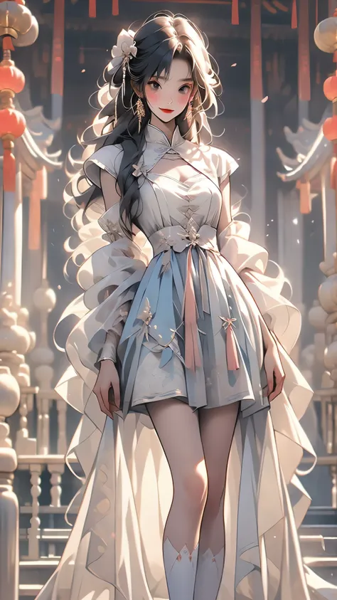 Super detailed, beauty, Madoka Higuchi, (smile), dynamic, ((slender, slender, shy, embarrassed)), tight white stockings, ((skin dents)), cyb dress, chinese clothes, detached collar, clothing cutout, wide sleeves, see-through sleeves, tassel，ruined temple, ...