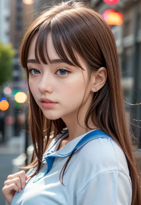 Sailor suit、、A beautiful girl in the world、Shiny skin、sparkle on the cheeks、Bangs between the eyes、光沢のあるシルクと非常に長くてまっすぐなbeautiful天然ブロンド、eyeliner、Sexy and beautiful 35 years old、High resolution, big, beautiful, bright light blue eyes、Beautiful and bright gir...