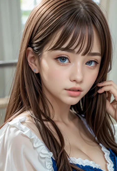 Sailor suit、、A beautiful girl in the world、Shiny skin、sparkle on the cheeks、Bangs between the eyes、光沢のあるシルクと非常に長くてまっすぐなbeautiful天然ブロンド、eyeliner、Sexy and beautiful 35 years old、High resolution, big, beautiful, bright light blue eyes、Beautiful and bright gir...