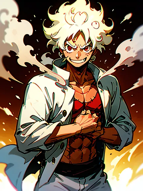 wanostyle,gear fifth,monkey d. luffy, 1boy, curly eyebrows,gear fifth,straw hat, white hair, white jacket, white shorts, thick e...