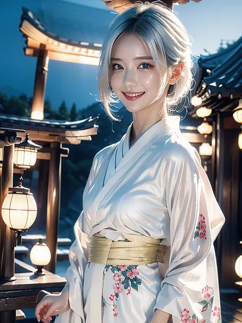 best quality, masterpiece, ultra high res, (photorealistic:1.4), RAW photo , white hair, light smile , night view , white kimono, shrine  , 