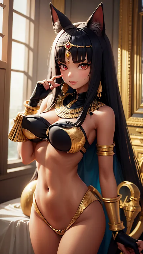 (masterpiece, best quality, highres:1.2), ultra-detailed, photorealistic anthropomorphic animal, Pharaoh, Egypt, Bastet, Egyptian goodness, pharaoh woman, cat girl, cat sphinx, onyx skin, monstergirl, furry, detailed body, detailed hands, corret fingers, E...