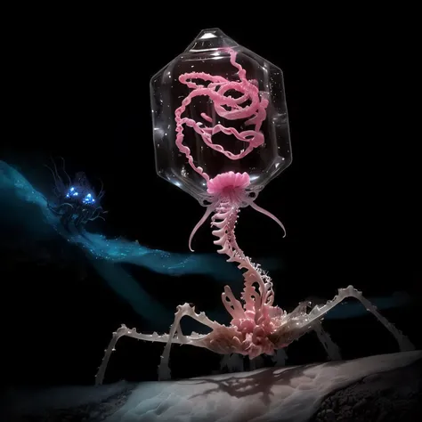 A close-up of a skeleton with a pink double helix substance in its gelatinous head, Phage、virus、, Hybrid Creatures, Tubular creatures, Chimeric organisms, Deep Sea Creatures, Biohazard virus concept art, SCP anomalous object, Gelatinous symmetry, Tentacle ...