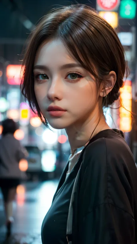 A woman standing on a busy street in Tokyo, Traffic jam on a rainy night, masterpiece, RAW Photos, Depth of written boundary, Bokeh, (Front light:1.2), (Backlight:0.75), (Fill Light:0.9), neon, chromatic aberration, (Lens flare:1.2), 8k, Genuine, green,(he...