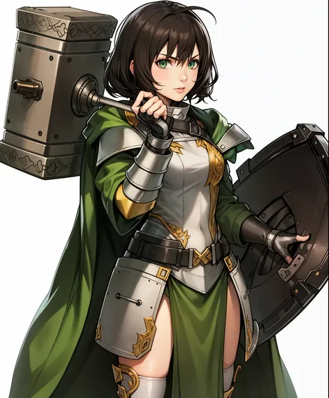 1girl, green eyes, hammer, Shield