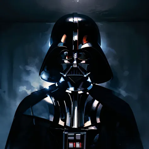 3/4 frontal portrait shot of darth vader, low angle shot, 4k, high resolution, acrylic painting style, dark background, dark lig...