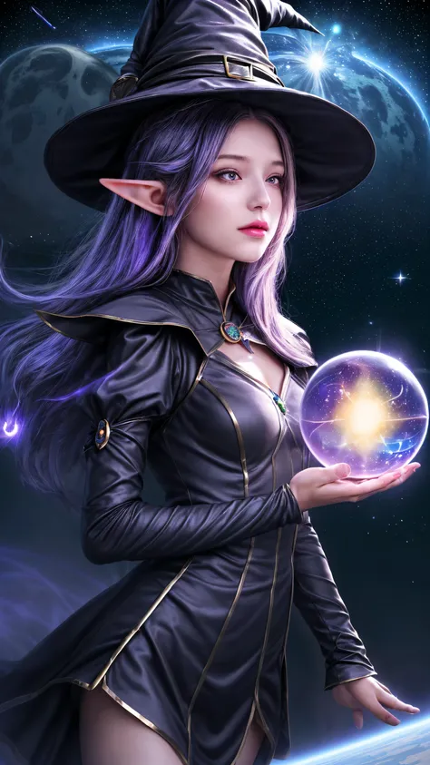 best quality, high resolution, 1 Girl, Elf, Witch Hat, Floating in space, Energy Ball, Light Particles, Shiny hair, Bright starlight, fantasy,