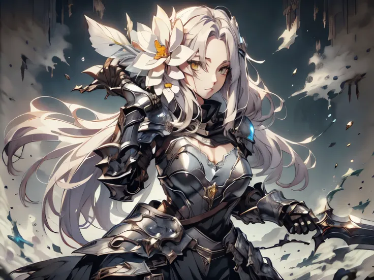 (extremely detailed), (high resolution), (8K), (extremely detailed), (((Half Body Shot))), Beautiful, (Woman Elf), elf woman knight, light grey skin mutation, long silver hair, "solid colored black eyes mutation", black loose pants, soft smile, knee high l...