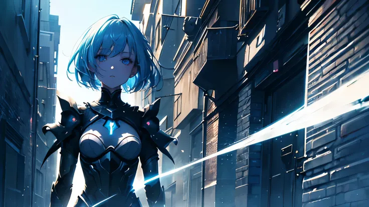 (masterpiece, top quality, best quality, official art, beautiful and aesthetic, absolutely-impressive-detail shadowing:1.2), 1girl, metallic limbs, outside, partly human, dead eyes, short light blue hair, dark alley, zero emotions