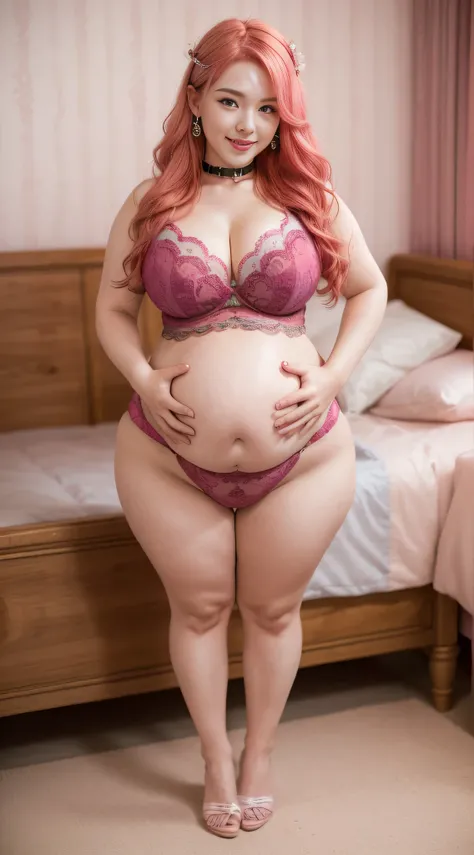 Sharp focus: 1.2, Beautiful woman with perfect figure: 1.4, Slim Abs: 1.2, (((red pink hair, big: 1.4)), indoor, Bedside, Highly detailed face and skin texture, Fine grain, double eyelid, ((erotic))), cute, (big buttocks)), 8k, erotic lingerie figure, Earr...