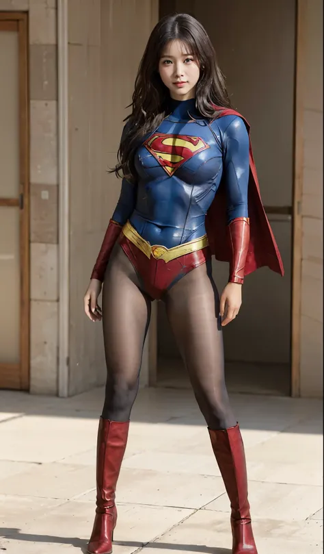No background、(((Beautiful legs in black tights.)))、(((Legally express the beauty of your smile)))、((((Make the most of your original images)))、(((Supergirl Costume)))、(((Beautiful Hair)))、(((suffering)))、(((Please wear black tights....、Wear red boots)))、(...