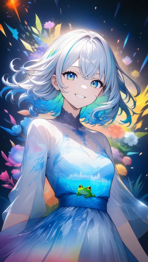 32k, best quality, ultra high res, HDR, UHD, extremely detailed CG, unity 32k wallpaper, **Japanese anime, A picture that looks like it was drawn with Copics,crystal style, crystal clear, woman with frog, under the blue moon, it was meticulously written, p...