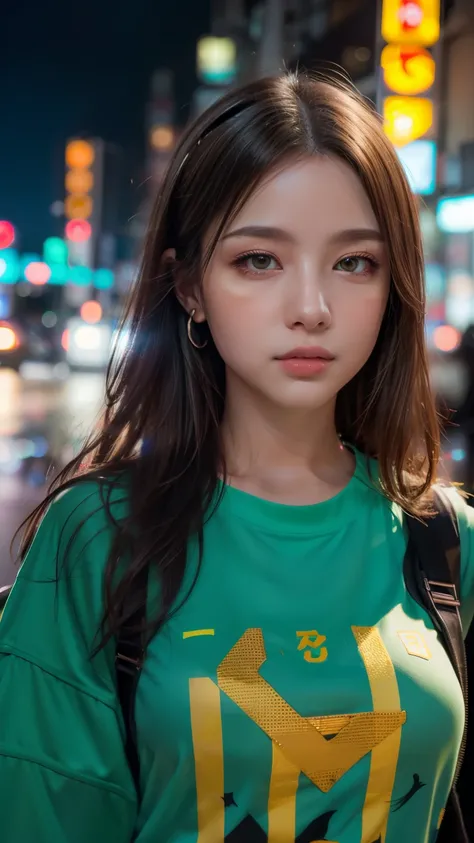 A woman standing on a busy street in Tokyo, Traffic jam on a rainy night, masterpiece, RAW Photos, Depth of written boundary, Bokeh, (Front light:1.2), (Backlight:0.75), (Fill Light:0.9), neon, chromatic aberration, (Lens flare:1.2), 8k, Genuine, green,(he...