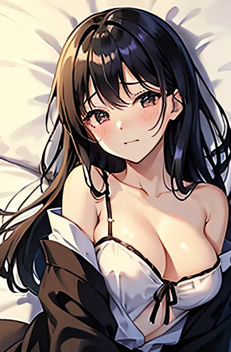 Japanese girl。20-year-old。Embarrassed face。blouse、Off the shoulder。Lying on the bed。Looking at the ceiling。Long black hair。Large Breasts。Deep valley。
