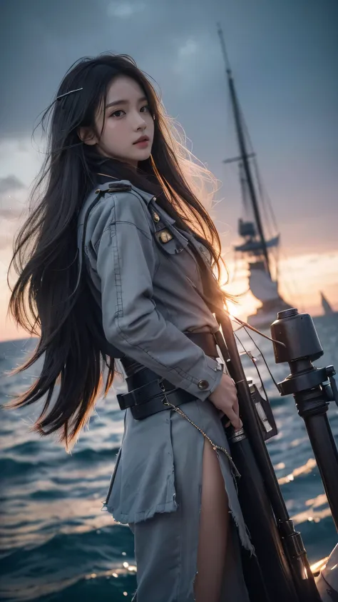 (Special quality:1.2), (very detailed:1.2), (very detailed clothes:1.2), (very detailed face:1.2), (very detailed eyes:1.2), (very detailed body:1.2), (very detailed weapons:1.2), pirate girl, Gray Serafuku , Torn clothes, to break out , Different hair col...