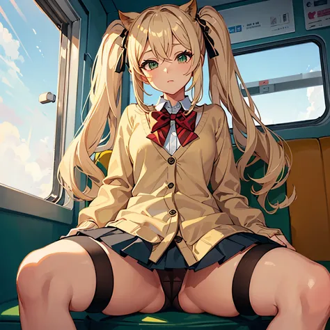 masterpiece, best quality, ultra detailed,1 , blonde hair, long hair, twin tails, (tan:1.4), naughty face, cardigan, school tights, ((very short pleated miniskirt)), green striped panties, naughty face,  BREAK, sitting, open legs, panty shot, on the train,...