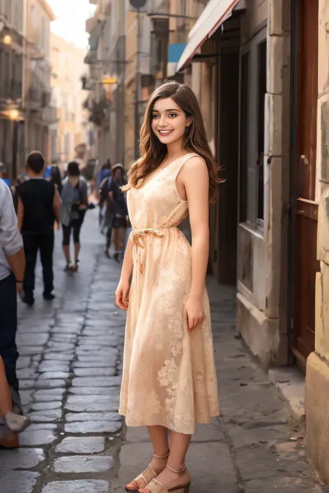 Teenage woman wearing a chiton dress, ancient greece city background, busy streets, dynamic lighting, half body view, cinematic, smile, film still, 4k