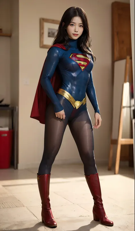 No background、(((Beautiful legs in black tights.)))、(((Legally express the beauty of your smile)))、((((Make the most of your original images)))、(((Supergirl Costume)))、(((Beautiful Hair)))、(((suffering)))、(((Please wear black tights....、Wear red boots)))、(...
